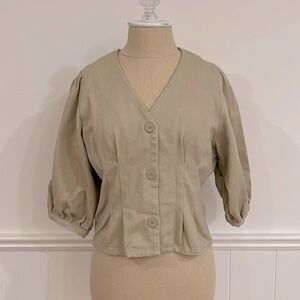 Oak + Fort Khaki Beige Button Up Peplum Blouse size Small